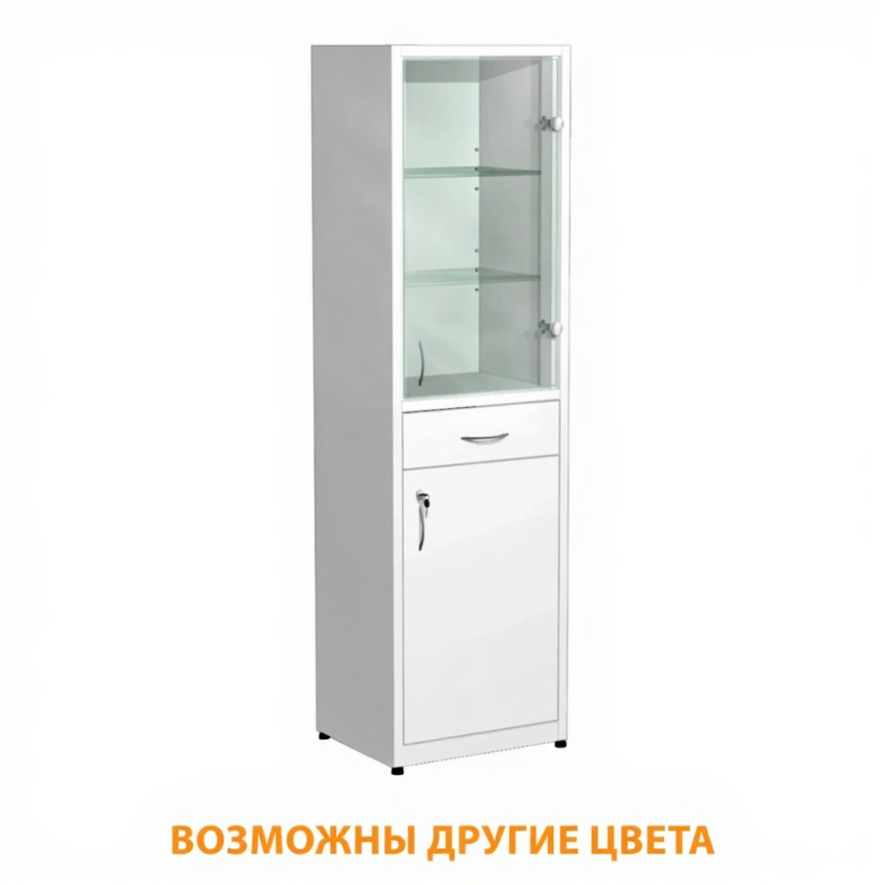 Шкаф металлический для медикаментов (стекло), с ящиком ШдМп-3.1 (белый)