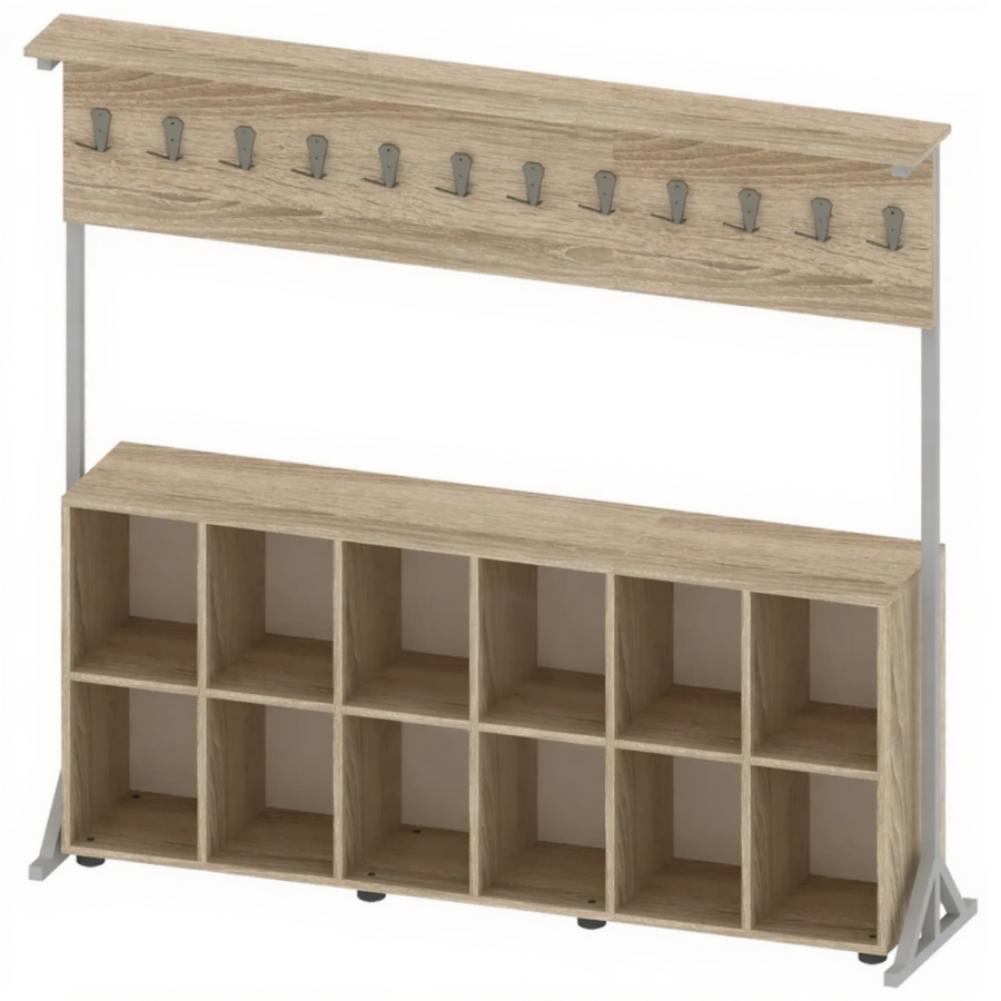 Вешалка напольная односторонняя с полками для обуви на 12 крючков ГР-ШП-3-1